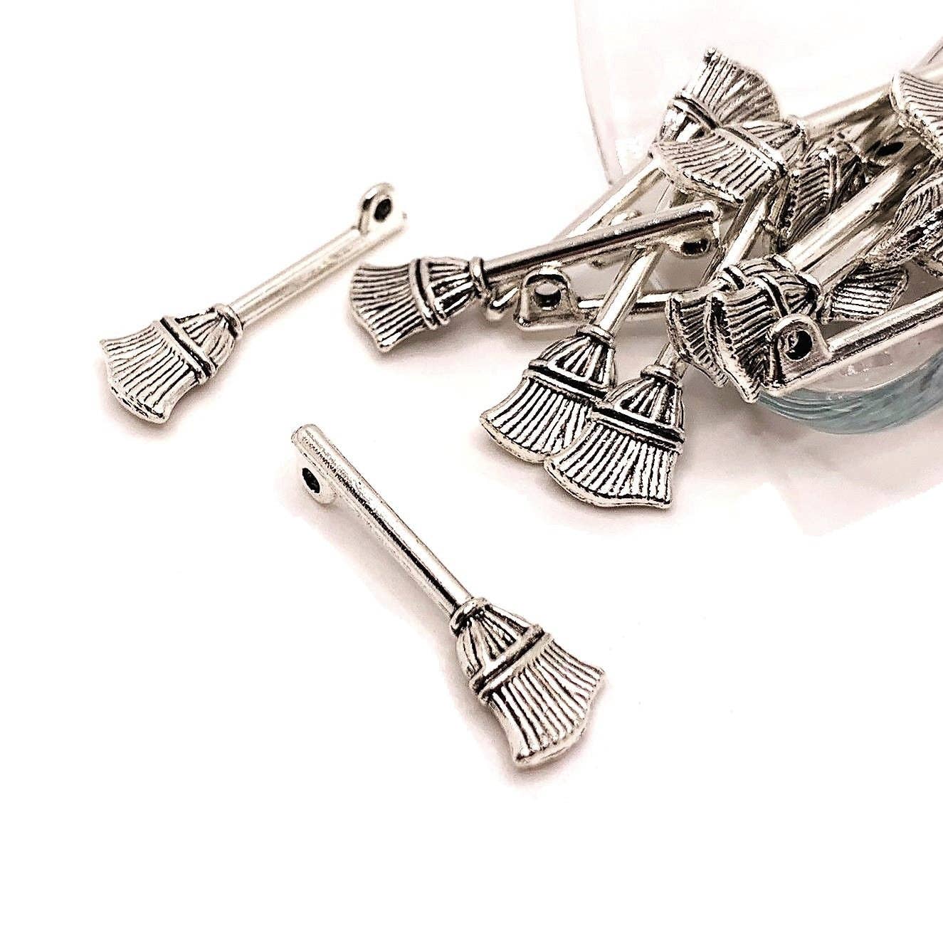 Silver Witch Halloween Broom 3D Charms, 27x10mm