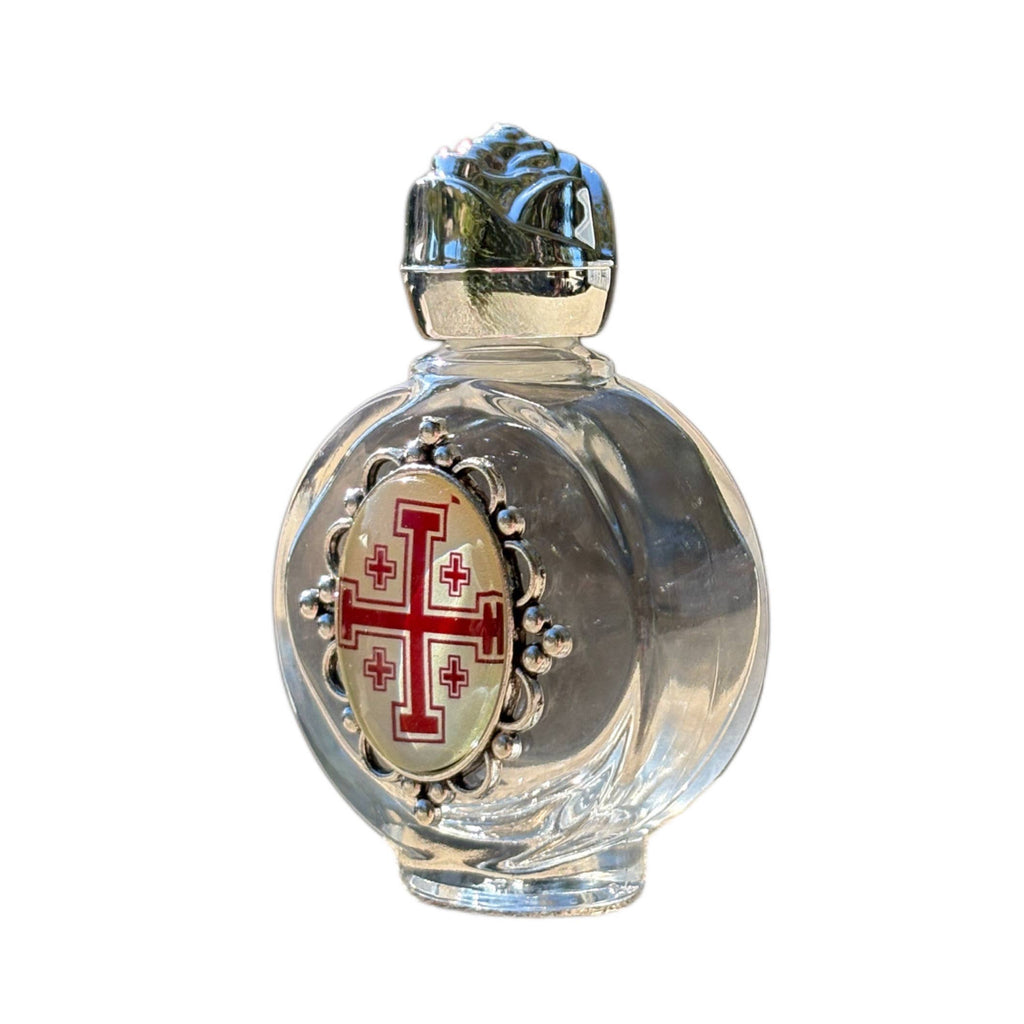 Holy Water Bottle- Holy Sepulcher Cross Encase Rose Top 2.5"