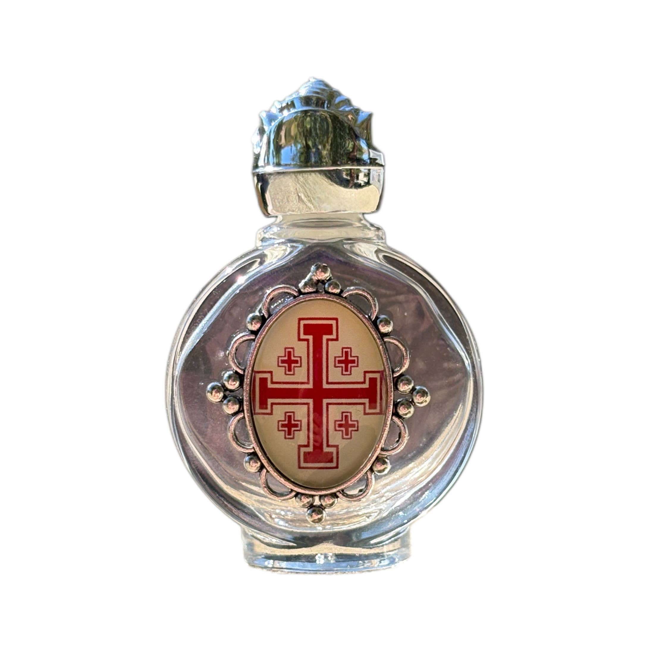 Holy Water Bottle- Holy Sepulcher Cross Encase Rose Top 2.5"
